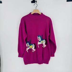 VTG Lady in Waiting Purple Carousel Horse Long Line Maternity Sweater Medium